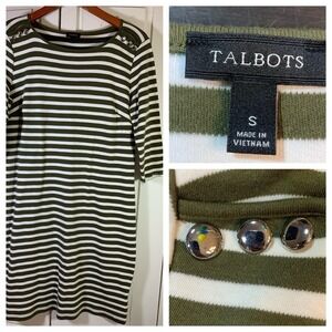 Talbots Striped Dress Women Small Cotton Olive Ivory Silver Button Detail Preppy